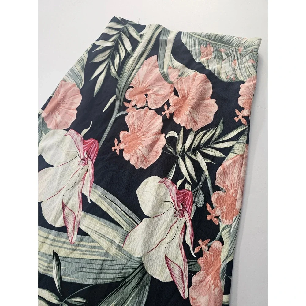Rachel Zoe Floral Midi Skirt Womens 4 Navy Pink Tropical Palm Summer‎ Resort